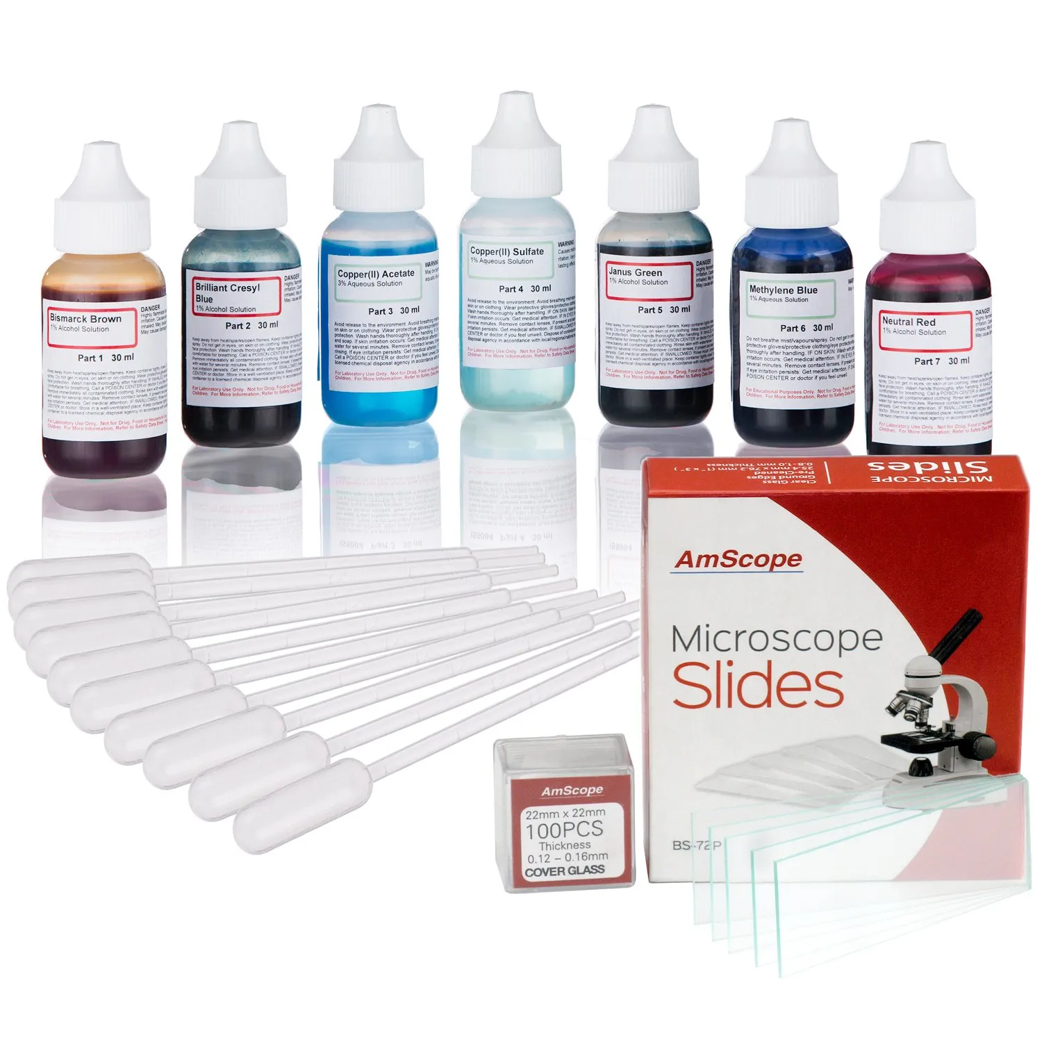 AmScope - Microscope Vital Stain Kit for Living Cells - 6 Microscope Slide Stains   72 Blank Slides   100 Coverslips  10 Pipettes for Specimen Transfer - SK6-72P100S22-PP10