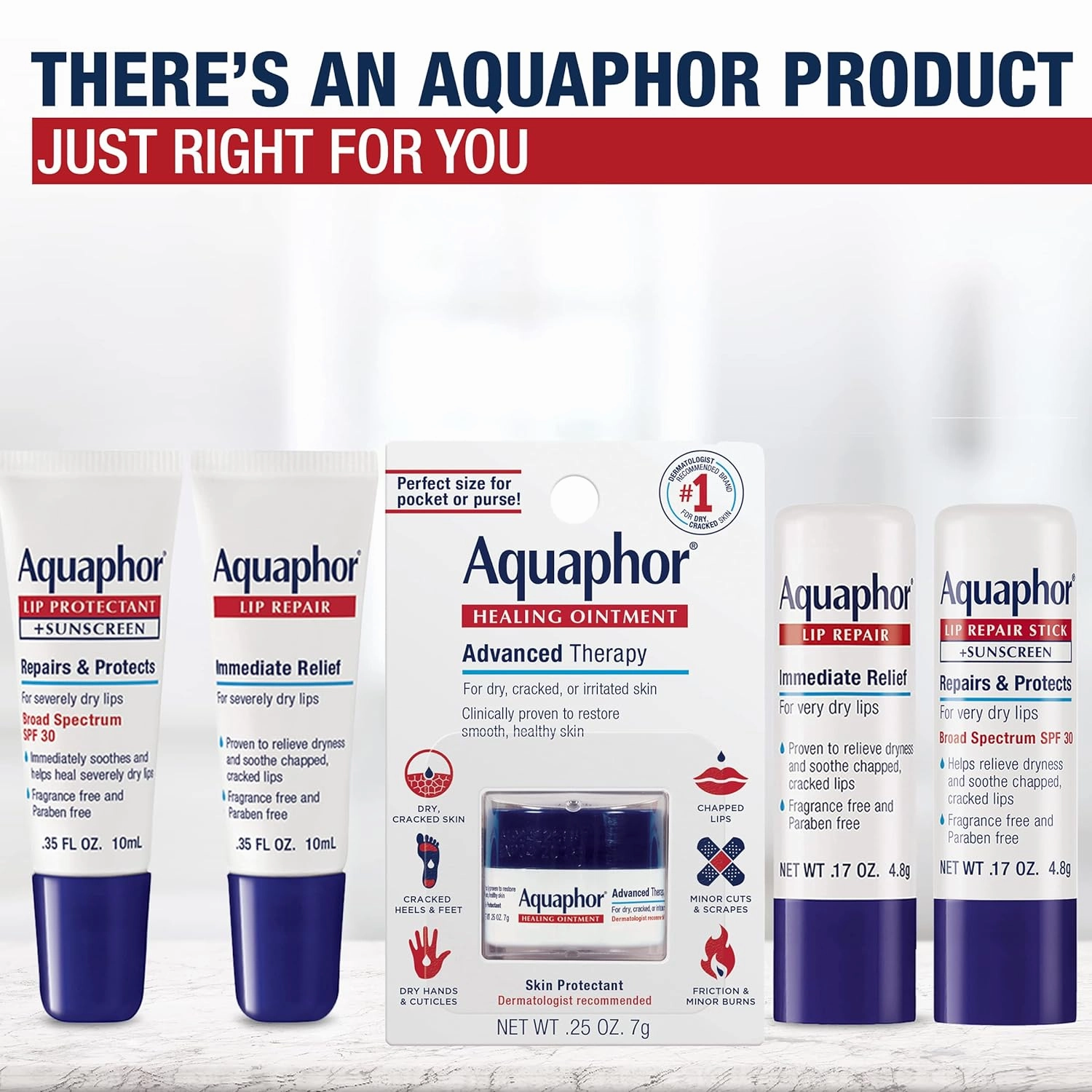 Aquaphor Lip Repair Ointment - Long-lasting Moisture to Soothe Dry Chapped Lips - .35 fl. oz. Tube (Pack of 48)