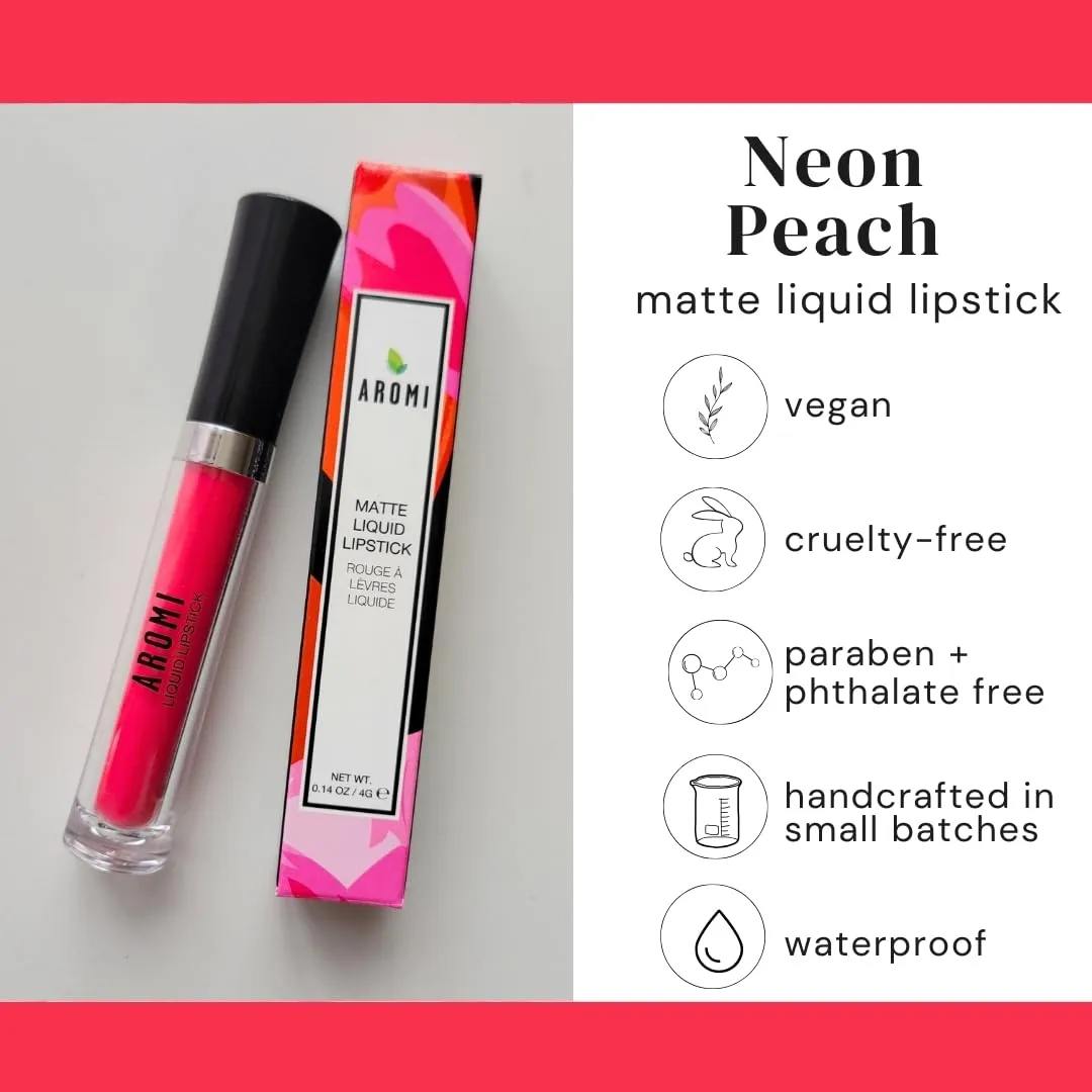 Aromi Matte Liquid Lipstick | Long-lasting, Bright Peachy Coral Lip Color, Vegan, Cruelty-free, Gluten Free Waterproof (Neon Peach)