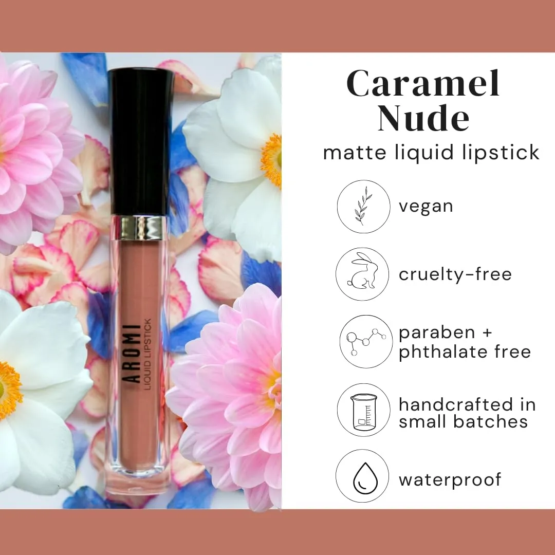 Aromi Matte Liquid Lipstick | Sand Beige Lip Shade, Tan, Long Lasting, Waterproof, Smudge   Transfer Proof, Gluten Free, Vegan Makeup (Caramel Nude)