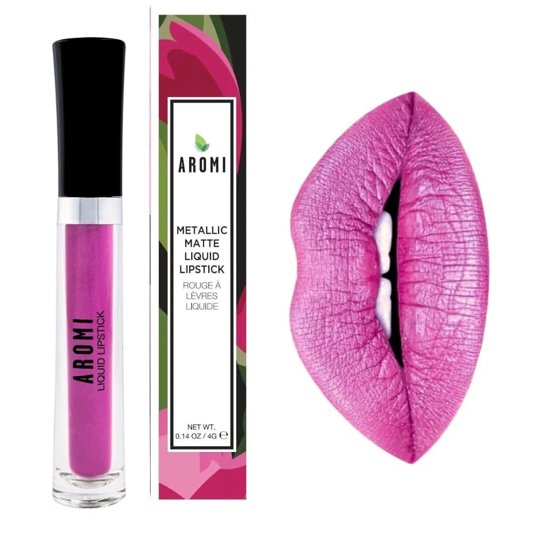 Aromi Metallic Liquid Lipstick | Long-lasting, Fuchsia, Pink Lip Color with Shimmery Finish, Waterproof, Vegan, Cruelty-free, Gluten Free (Moody Magenta)