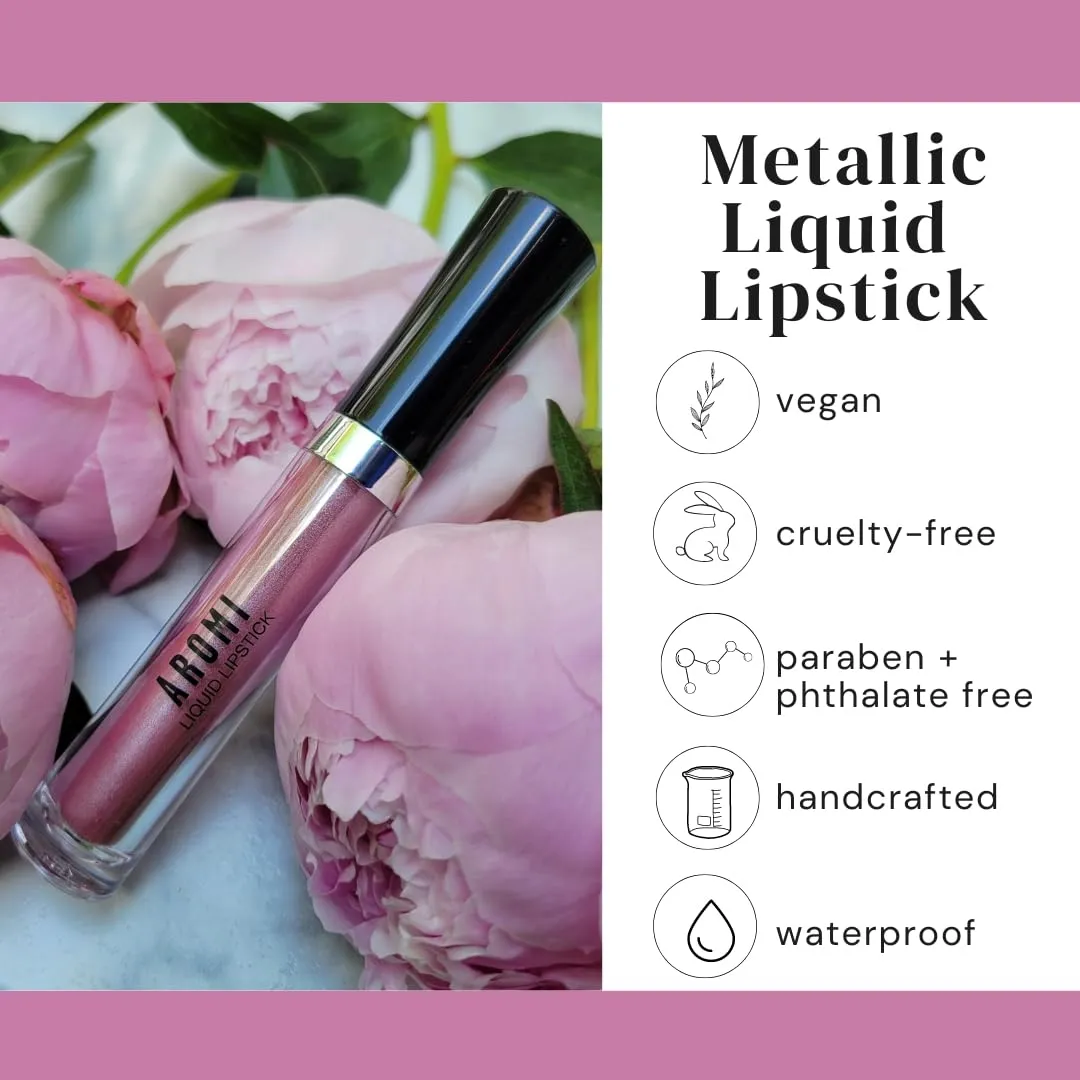 Aromi Metallic Matte Liquid Lipstick | Dusty Pink, Light Mauve Lip Color, Shimmery, Long-lasting, Waterproof, Vegan, Cruelty-free, Handmade (Fairy Tale)