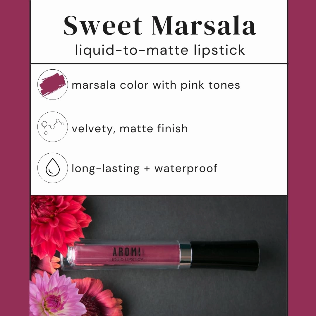 Aromi Marsala Matte Liquid Lipstick | Rosy Burgundy, Pink Maroon Lip Color, Long-lasting, Vegan, Cruelty-free, Waterproof, Handmade (Sweet Marsala)