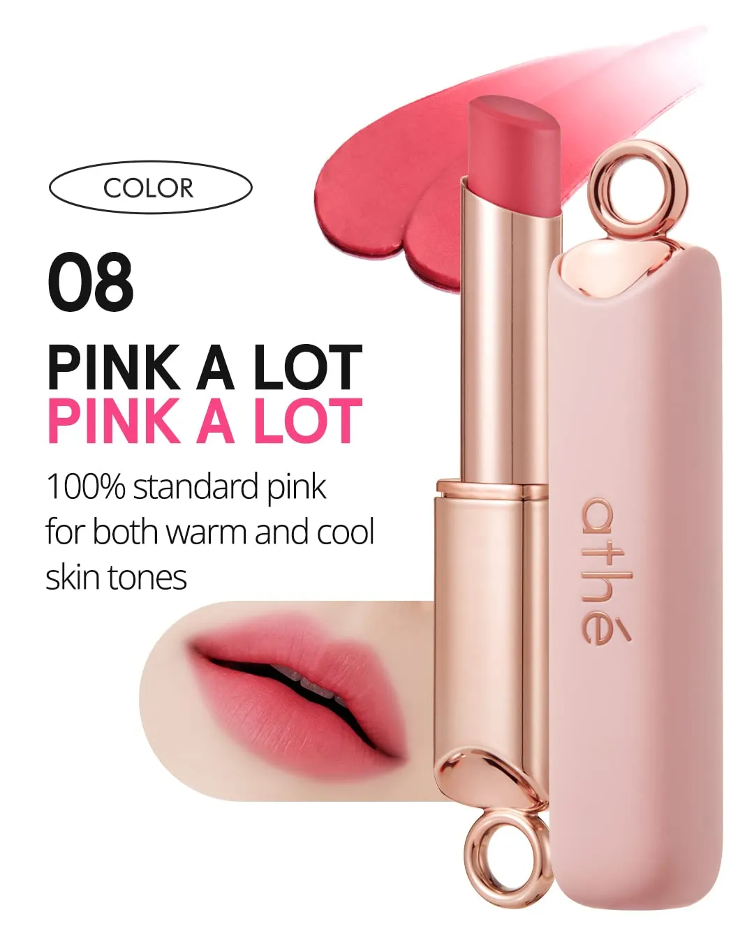 ATHÉ Authentic Airy Lip Balm 08 PINK A LOT, Korean Vegan Color Lip Blam, Flake-Free Slim Fit Lips, Silky Powdery Finish & Air-like Blurring with Vibrant Colors, 0.11oz.