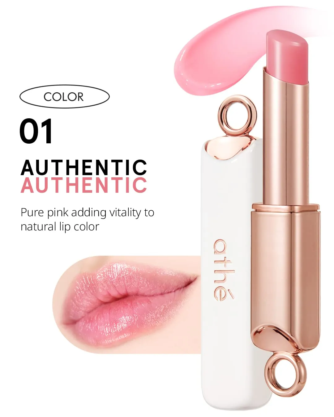 ATHÉ Authentic Lip Balm 01 AUTHENTIC (Tinted), Lightweight Wear & Plumping Lips without Stickiness, Moisturizing & Nourishing Plant-Based Vegan Chapstick for Dry, Petrolatum Free, Cruelty-Free