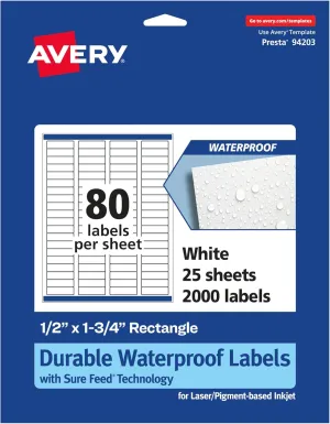 Avery Durable Waterproof Rectangle Labels, Sure Feed Technology, 0.5" x 1.75", 2,000 Total, Oil and Tear-Resistant, Waterproof, Laser/Pigment-Based Inkjet Printable
