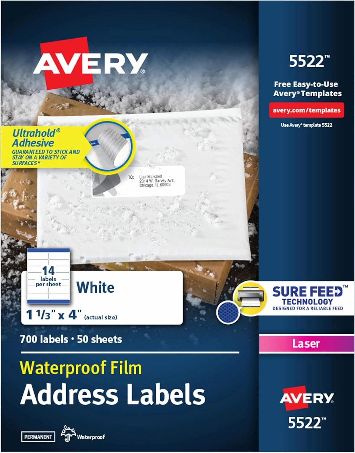Avery Waterproof Printable Address Labels with Sure Feed, 1-1/3" x 4", White, 700 Blank Mailing Labels (5522)