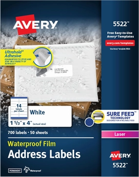 Avery Waterproof Printable Address Labels with Sure Feed, 1-1/3" x 4", White, 700 Blank Mailing Labels (5522)
