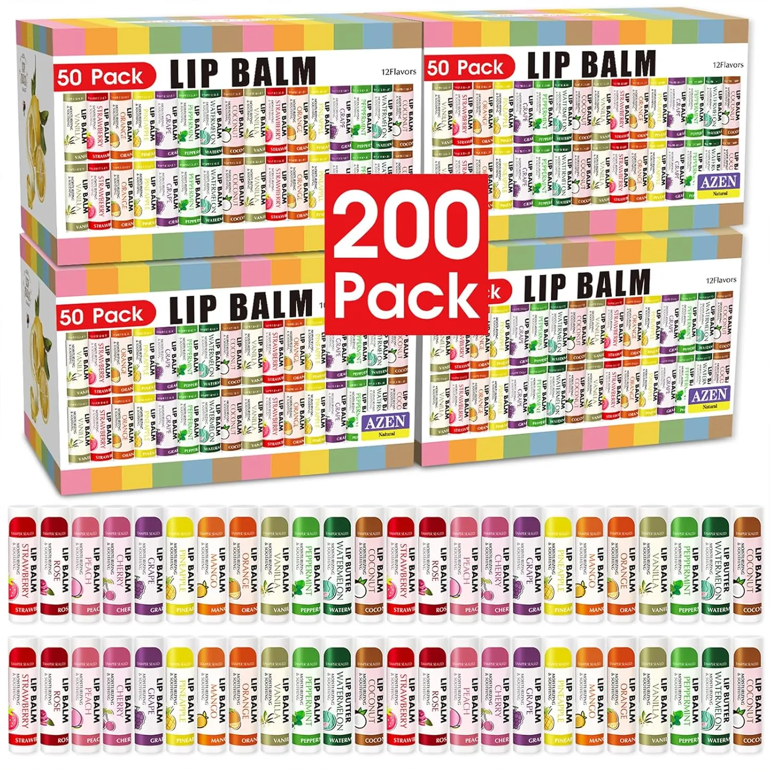 AZEN 200 Pack Lip Balm, Natural Lip Balm Bulk, Lip Care Product, Moisturizing Lip Balms for dry cracked lips - 12 Flavors