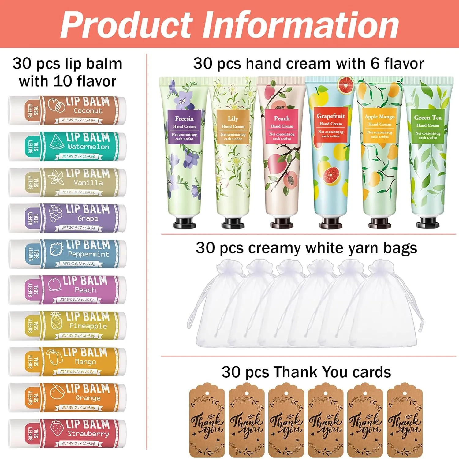 AZEN 30 Sets Hand Cream Bulk and Lip Balm Bulk Set, Bridal Shower Gifts for Guests with Organza Bag Thank You Card, Bridal Wedding Favors for Guests, Thank You Gifts for Coworkers Women Men