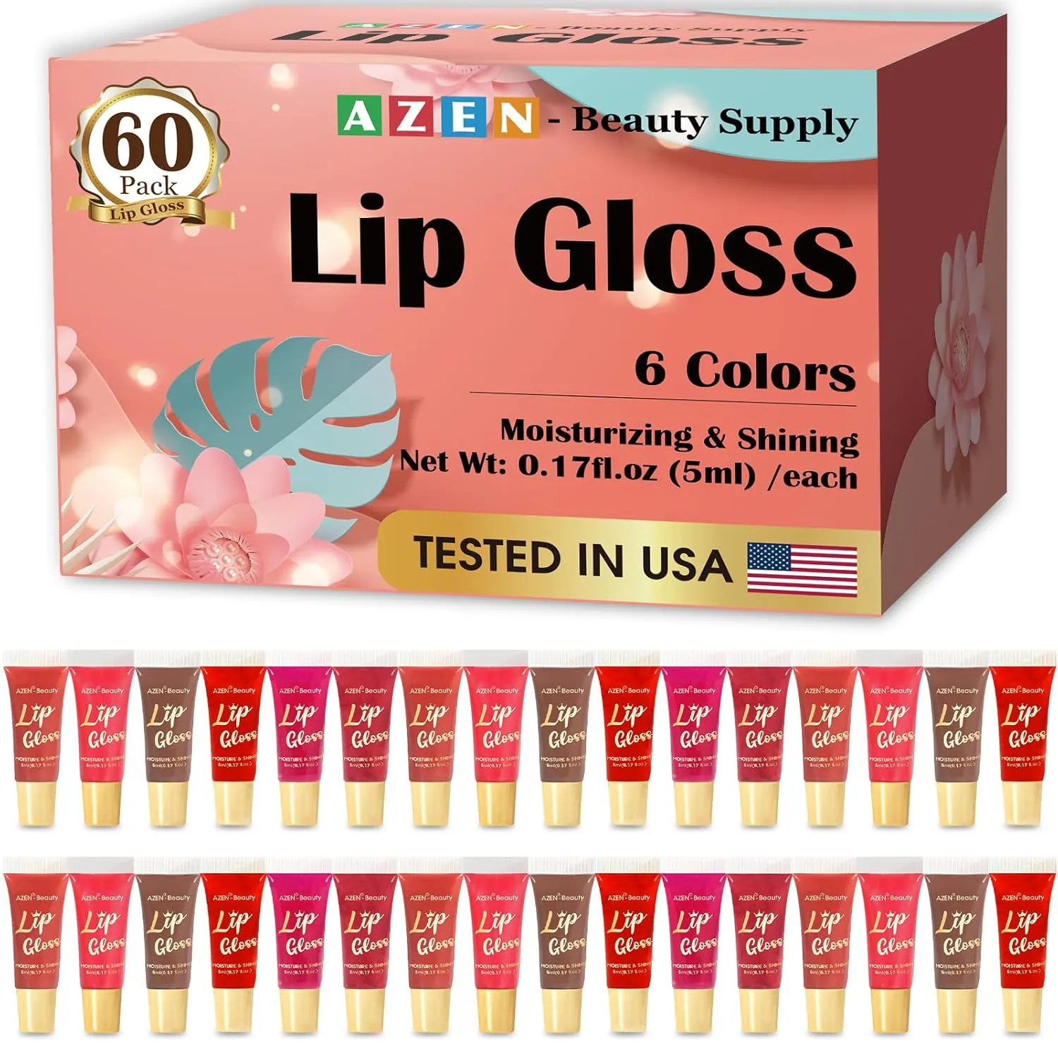 AZEN 60 Pack Lip Gloss Set, Color Lip Oil for Dry Cracked Lips Moisturizing Hydrating Nourishing with Vitamin E