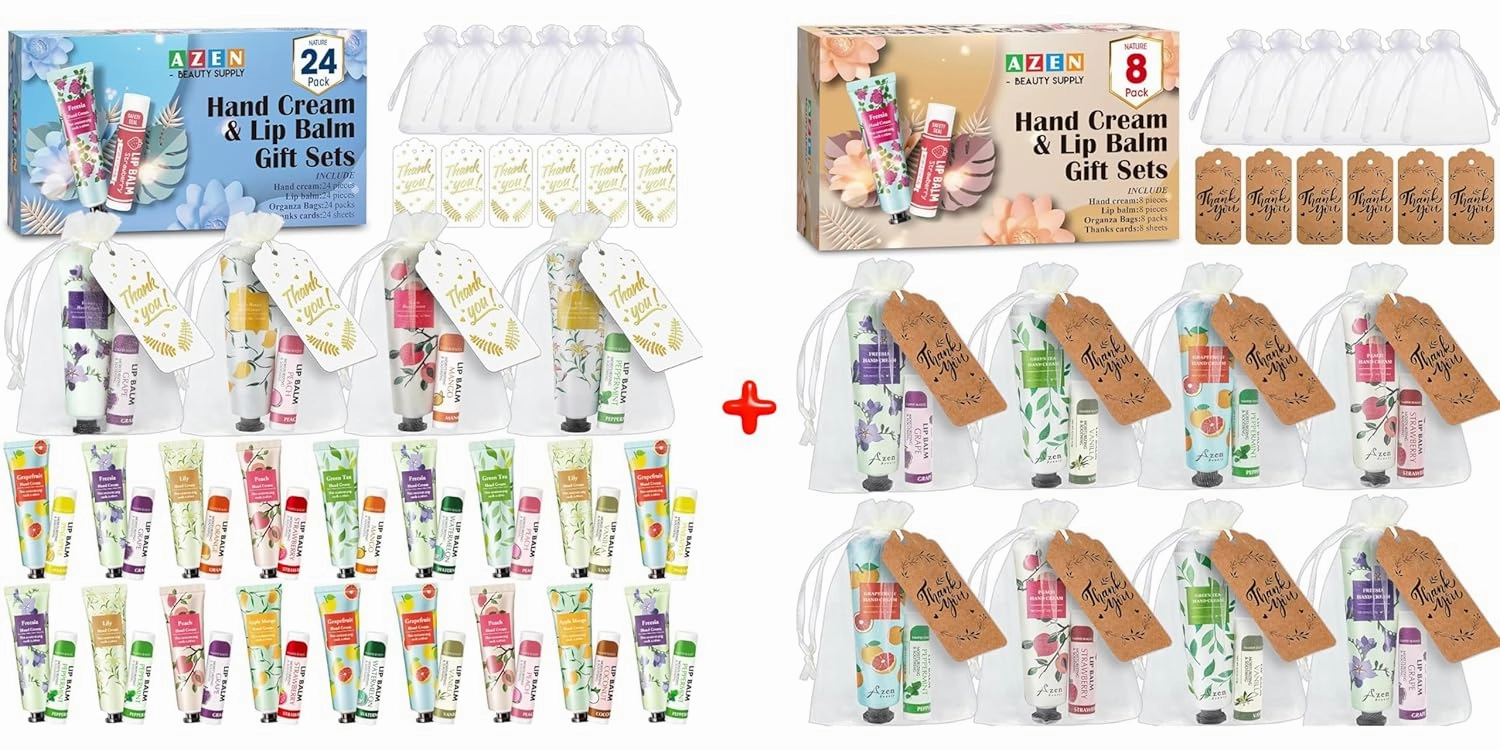 AZEN 32 Sets Bulk, Hand Cream and Lip Balm Bulk Set with Organza Bag Thank You Card, Baby Shower Wedding Gifts for Guests, Bridal Wedding Favors for Guests (8 Set   24 Set)