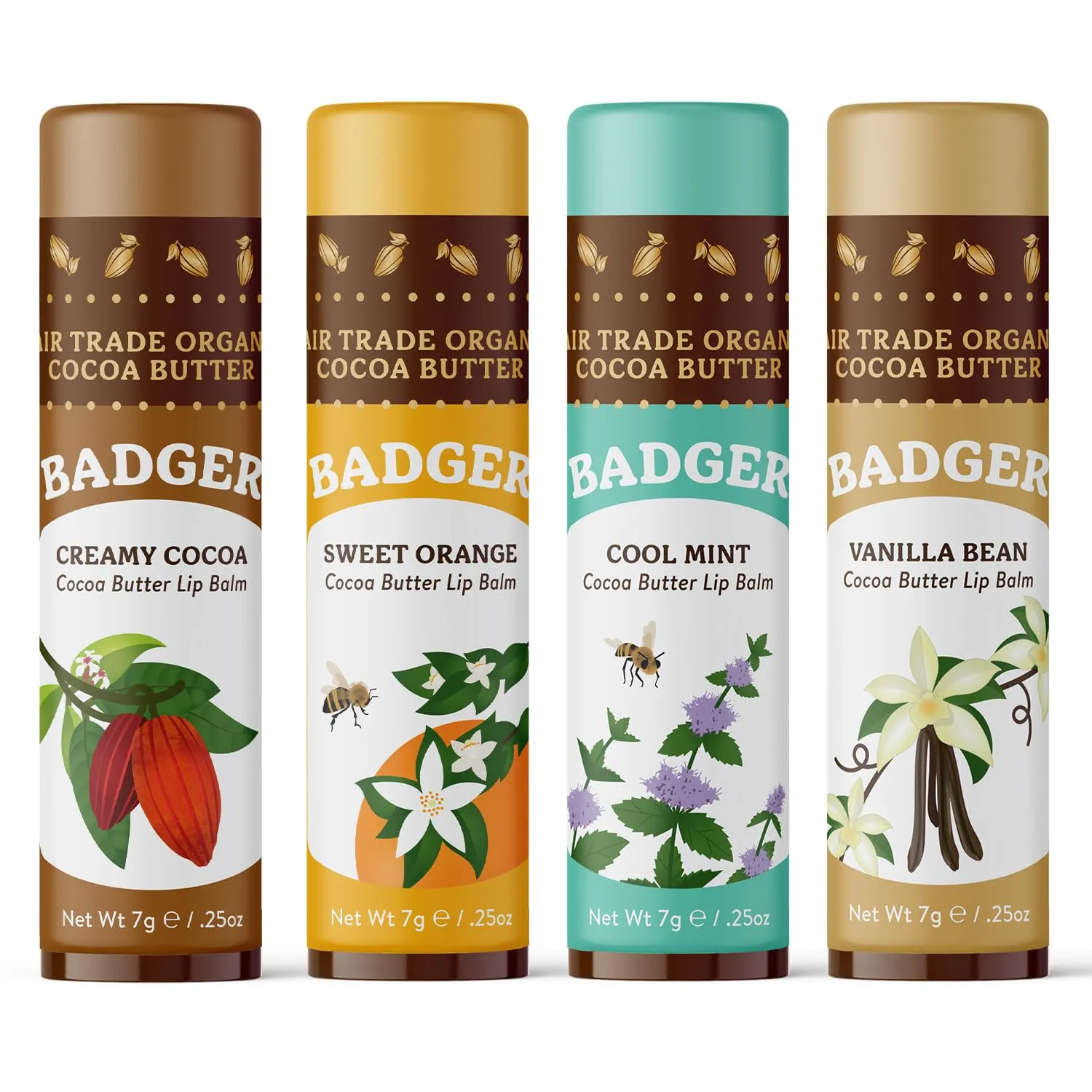 Badger Cocoa Butter Lip Balm Set, 100% Organic, Long Lasting Lip Moisturizers, Lip Care Variety Pack (Cocoa, Orange, Mint & Vanilla), All Natural Lip Balms, 4-pack