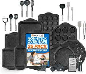 Baking Pan Set - Nonstick Coating, Carbon Steel Bakeware Set with Gray Silicone Handles, PFOA, PFOS, PTFE Free, Recipe Booklet Included, Oven Safe Tray (Up To 450° F), Set of 25 - Gray
