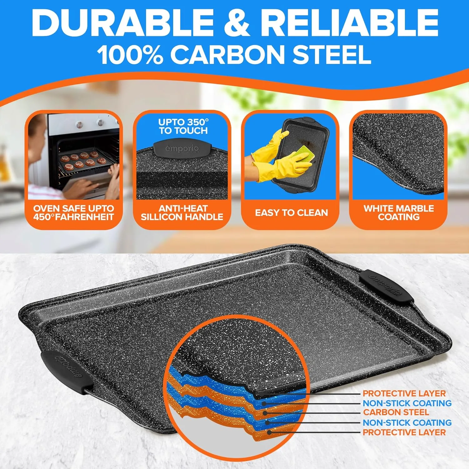 Baking Pan Set - Nonstick Coating, Carbon Steel Bakeware Set with Gray Silicone Handles, PFOA, PFOS, PTFE Free, Recipe Booklet Included, Oven Safe Tray (Up To 450° F), Set of 25 - Gray