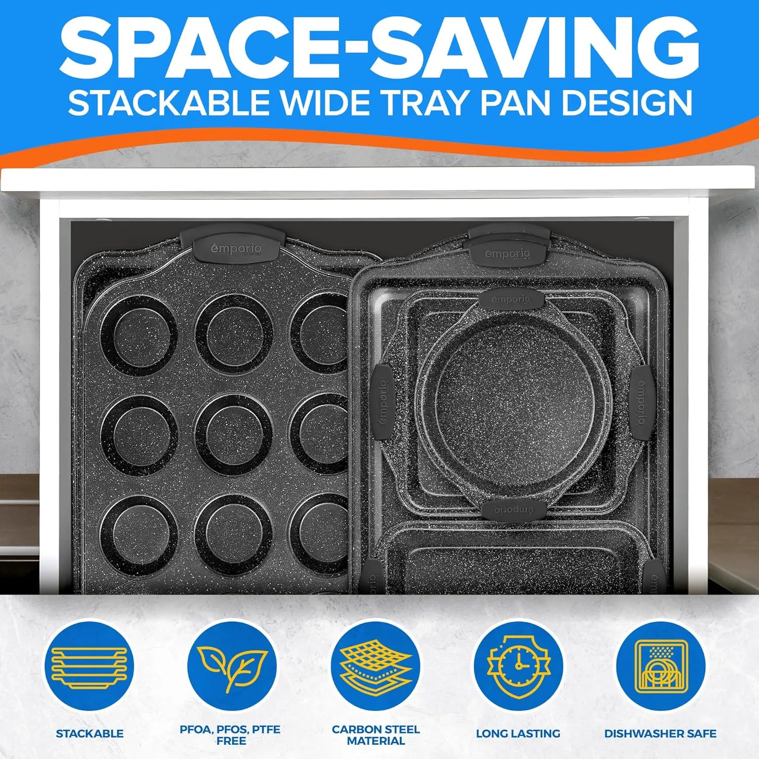 Baking Pan Set - Nonstick Coating, Carbon Steel Bakeware Set with Gray Silicone Handles, PFOA, PFOS, PTFE Free, Recipe Booklet Included, Oven Safe Tray (Up To 450° F), Set of 25 - Gray