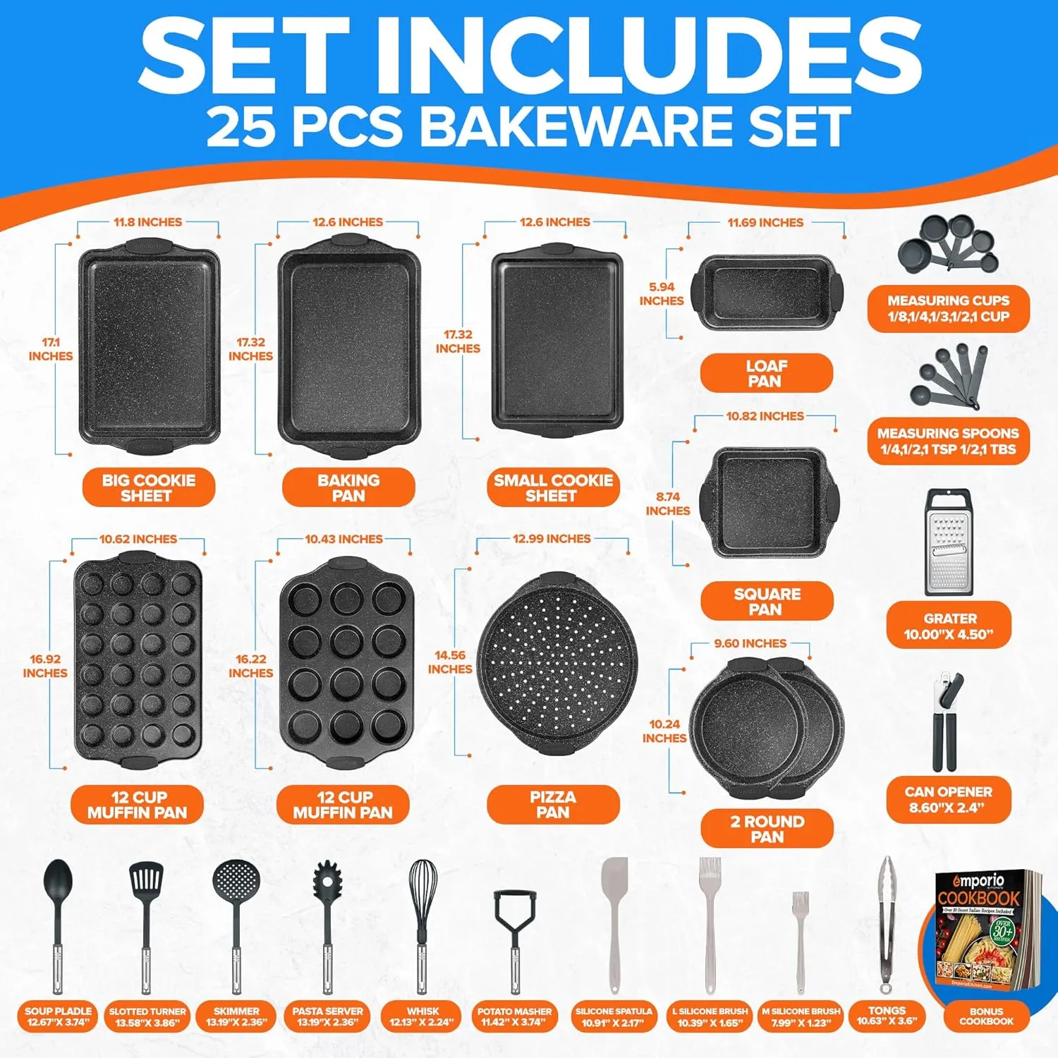 Baking Pan Set - Nonstick Coating, Carbon Steel Bakeware Set with Gray Silicone Handles, PFOA, PFOS, PTFE Free, Recipe Booklet Included, Oven Safe Tray (Up To 450° F), Set of 25 - Gray