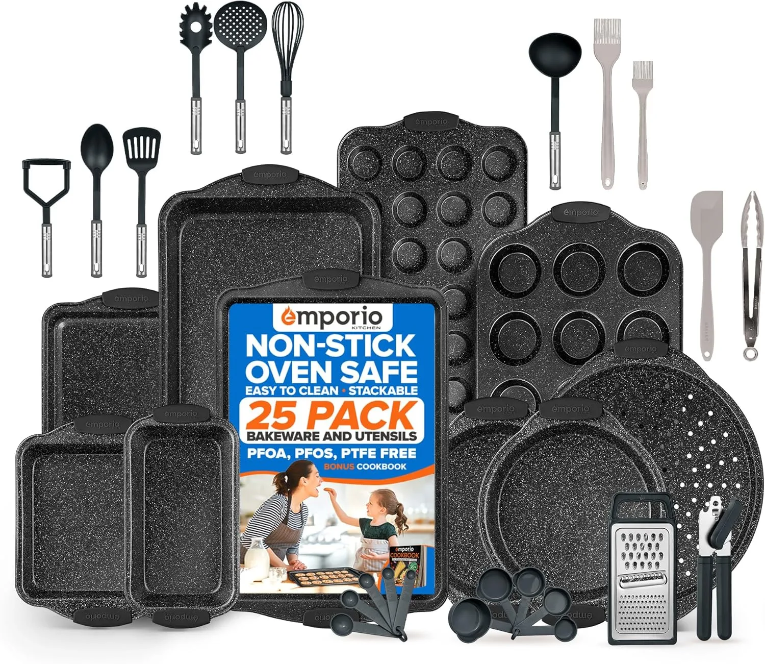 Baking Pan Set - Nonstick Coating, Carbon Steel Bakeware Set with Gray Silicone Handles, PFOA, PFOS, PTFE Free, Recipe Booklet Included, Oven Safe Tray (Up To 450° F), Set of 25 - Gray