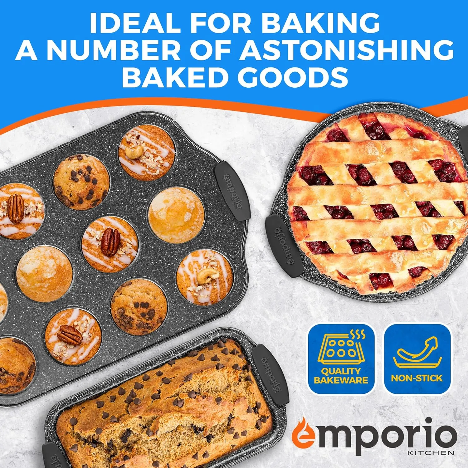 Baking Pan Set - Nonstick Coating, Carbon Steel Bakeware Set with Gray Silicone Handles, PFOA, PFOS, PTFE Free, Recipe Booklet Included, Oven Safe Tray (Up To 450° F), Set of 25 - Gray