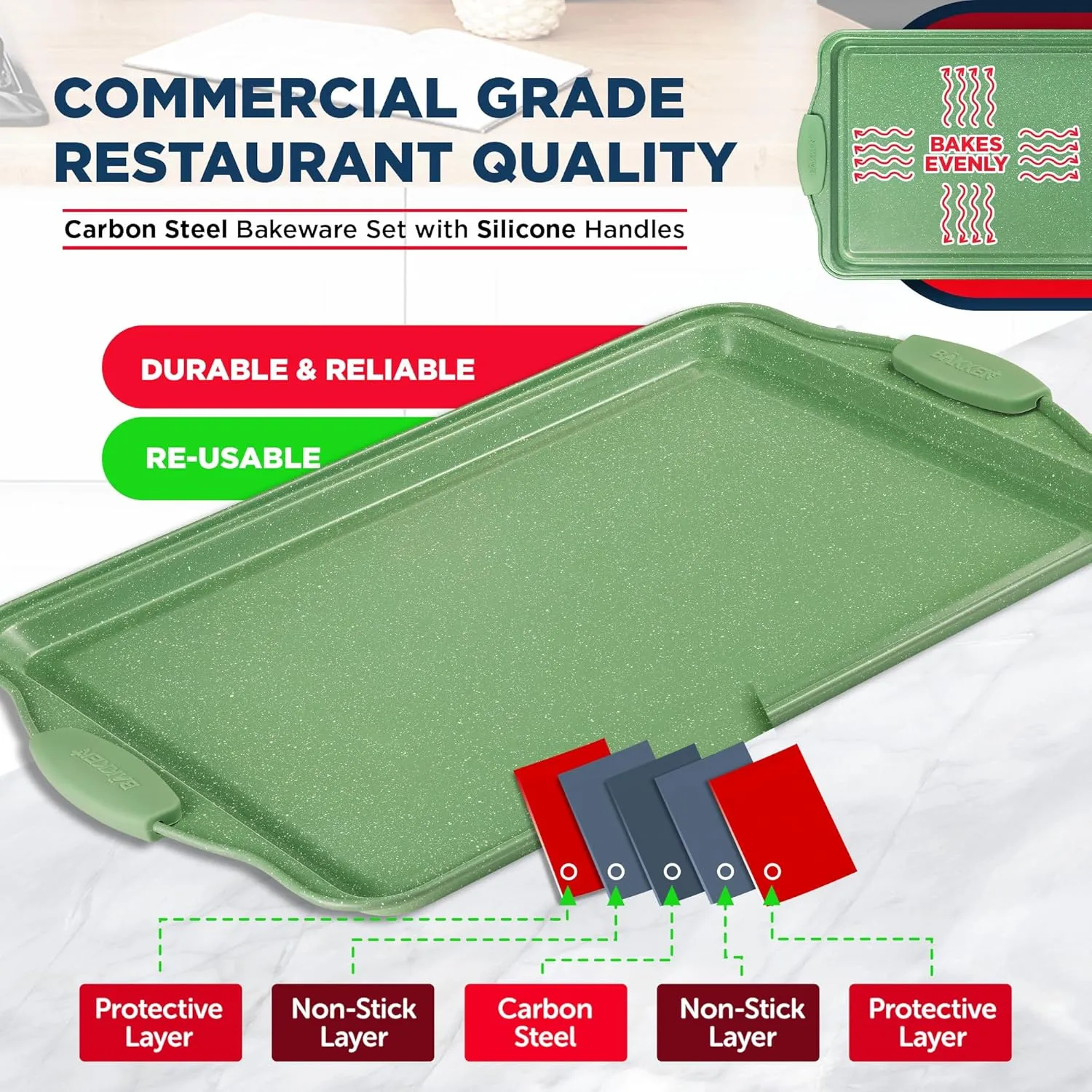 BAKKEN Kitchen Baking Pan Set - Nonstick Green Marble Coating, Carbon Steel Bakeware Sets with Green Silicone Handles, Kitchen Essentials, PFOA, PFOS, PTFE Free, Oven Safe (Up To 450° F), Set of 8