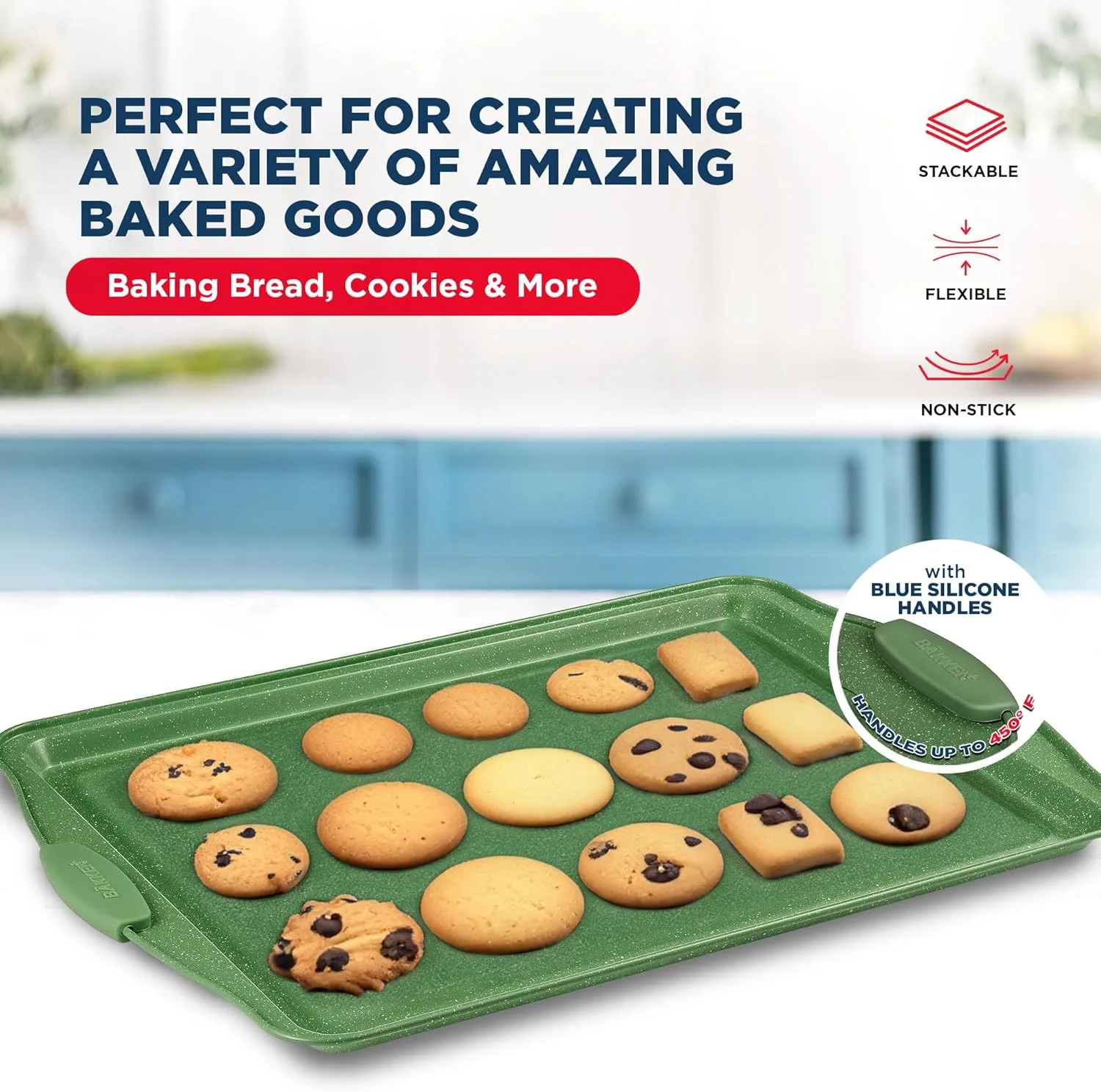 BAKKEN Kitchen Baking Pan Set - Nonstick Green Marble Coating, Carbon Steel Bakeware Sets with Green Silicone Handles, Kitchen Essentials, PFOA, PFOS, PTFE Free, Oven Safe (Up To 450° F), Set of 8
