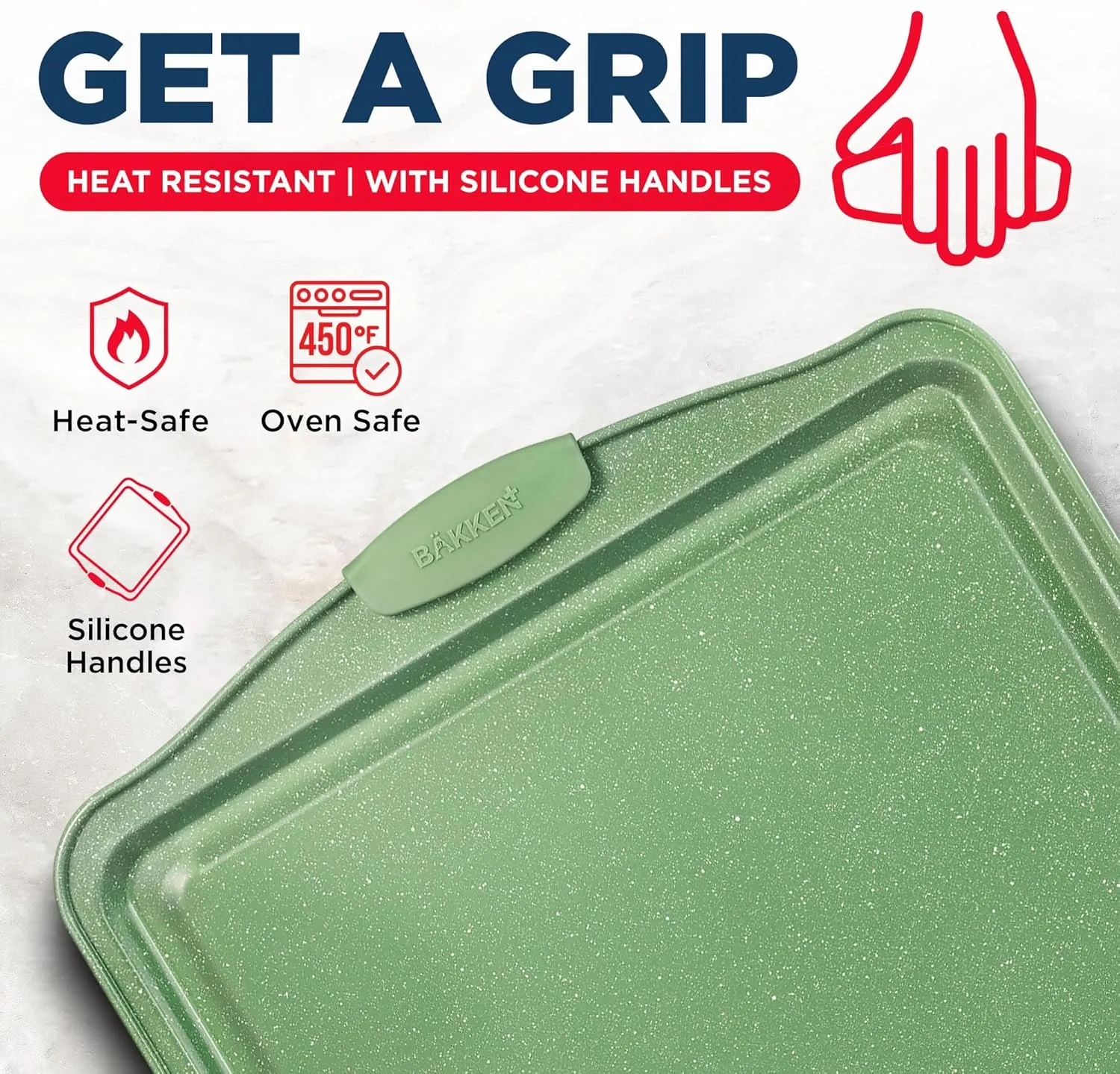 BAKKEN Kitchen Baking Pan Set - Nonstick Green Marble Coating, Carbon Steel Bakeware Sets with Green Silicone Handles, Kitchen Essentials, PFOA, PFOS, PTFE Free, Oven Safe (Up To 450° F), Set of 8