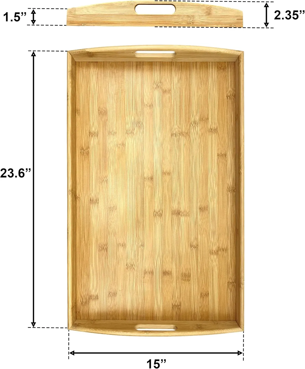 Bam & Boo Natural Bamboo Serving Tray Extra Large Rectangular with Handles for Food, Drinks, Storage, Decor, Vanity, Breakfast, Parties, Weddings, Picnics(23.6” x 15” x 2.35”, Natural)