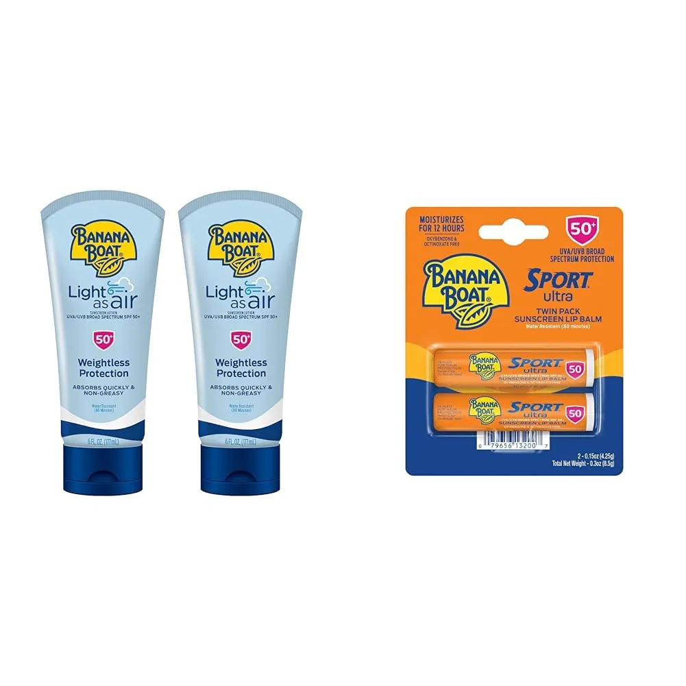 Banana Boat Light As Air Sunscreen Lotion SPF 50 Twin Pack | Lightweight Sunscreen & Sport Ultra SPF 50 Lip Sunscreen Twin Pack | SPF Lip Balm Pack