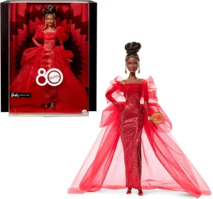 Barbie Signature Doll, Mattel 80th Anniversary Collectible in Glittery Red Tulle Gown with Drop Earrings and Sheer Gloves, Brunette