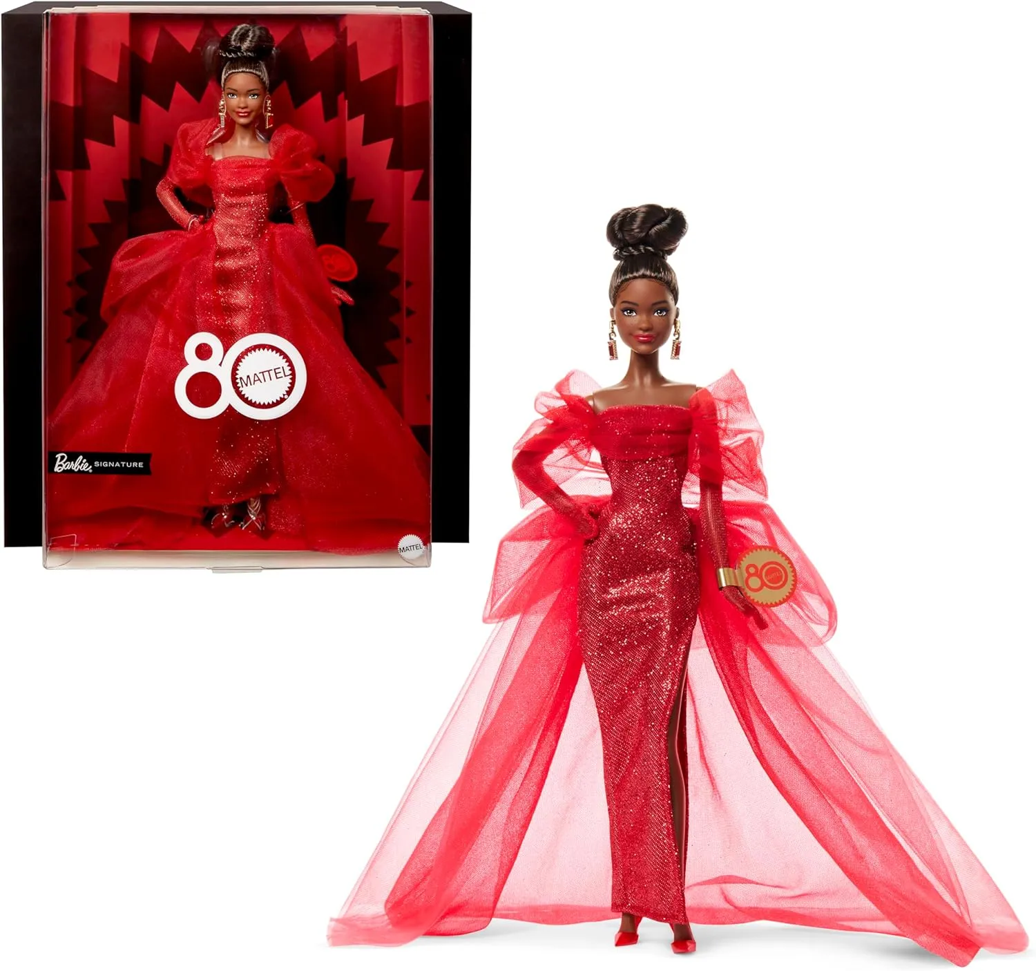 Barbie Signature Doll, Mattel 80th Anniversary Collectible in Glittery Red Tulle Gown with Drop Earrings and Sheer Gloves, Brunette