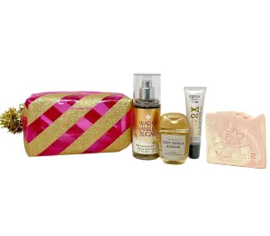 Bath & Body Works Warm Vanilla Sugar Mini Gift Bag Trio - Fragrance Mist - Lip Gloss and Hand Gel - with a Himalayan Salts Springs Sample Soap - Travel Size