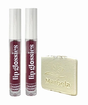 Bath & Body Works Charming Cranberry Lip Gloss 2 Pack - (.11 oz / 3.1g each) with a Natural Oats Sample Bar Soap.