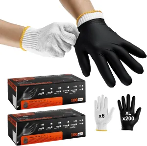 BBQ Gloves-200 Nitrile Disposable Gloves（XL）& 6 Cotton Liners, Grilling Glove, Meat Gloves, Black Cooking, Waterproof & Heat-Resistant for Smoking, Cooking, Grilling