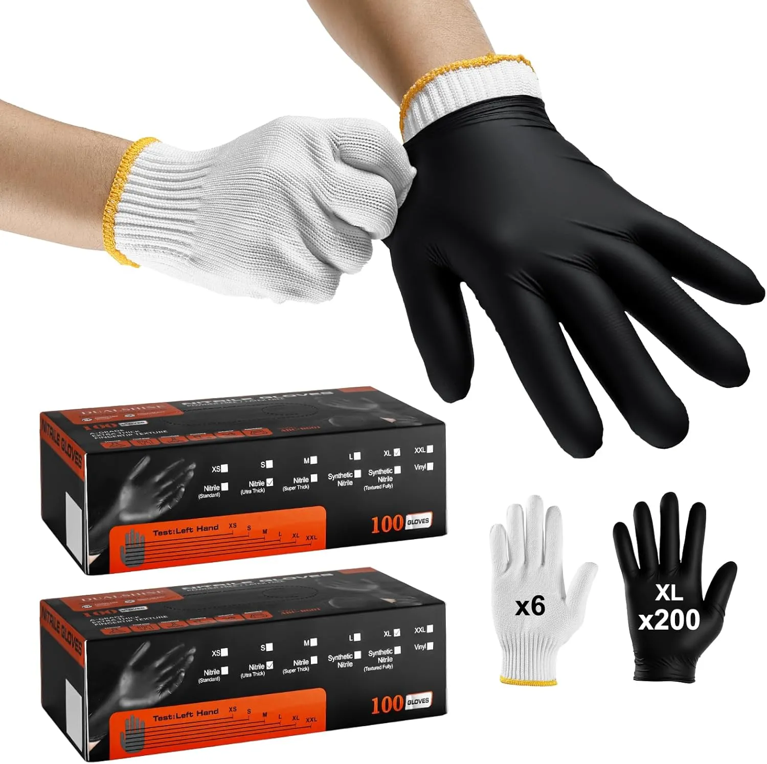 BBQ Gloves-200 Nitrile Disposable Gloves（XL）& 6 Cotton Liners, Grilling Glove, Meat Gloves, Black Cooking, Waterproof & Heat-Resistant for Smoking, Cooking, Grilling