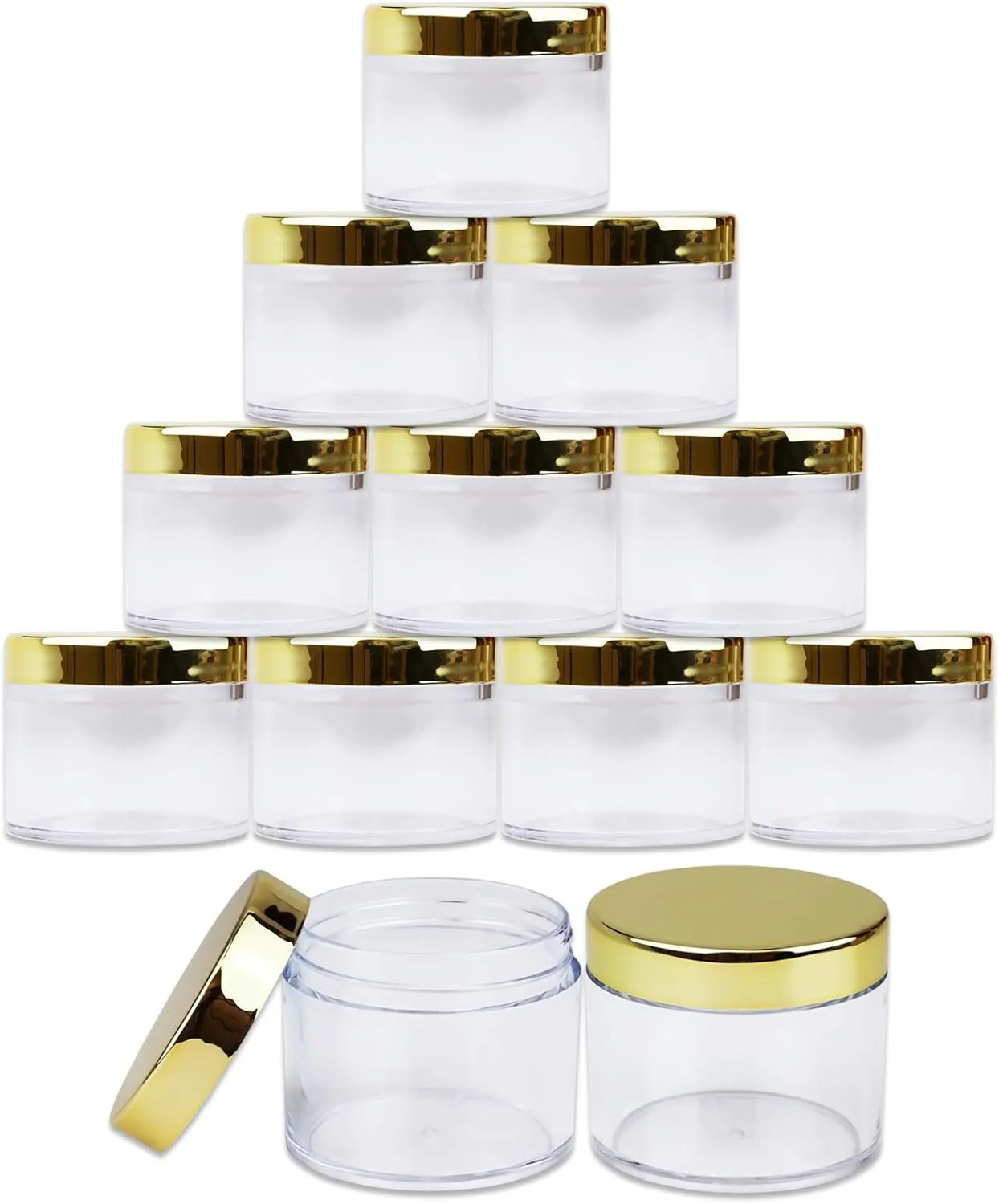 Beauticom® 2 oz./ 60 Grams/ 60 ML (Quantity: 12 Packs) Thick Wall Round Clear Plastic LEAK-PROOF Jars Container with GOLD Lids for Cosmetic, Lip Balm, Lip Gloss, Creams, Lotions, Liquids