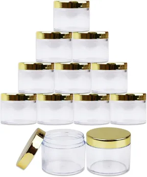Beauticom® 2 oz./ 60 Grams/ 60 ML (Quantity: 12 Packs) Thick Wall Round Clear Plastic LEAK-PROOF Jars Container with GOLD Lids for Cosmetic, Lip Balm, Lip Gloss, Creams, Lotions, Liquids