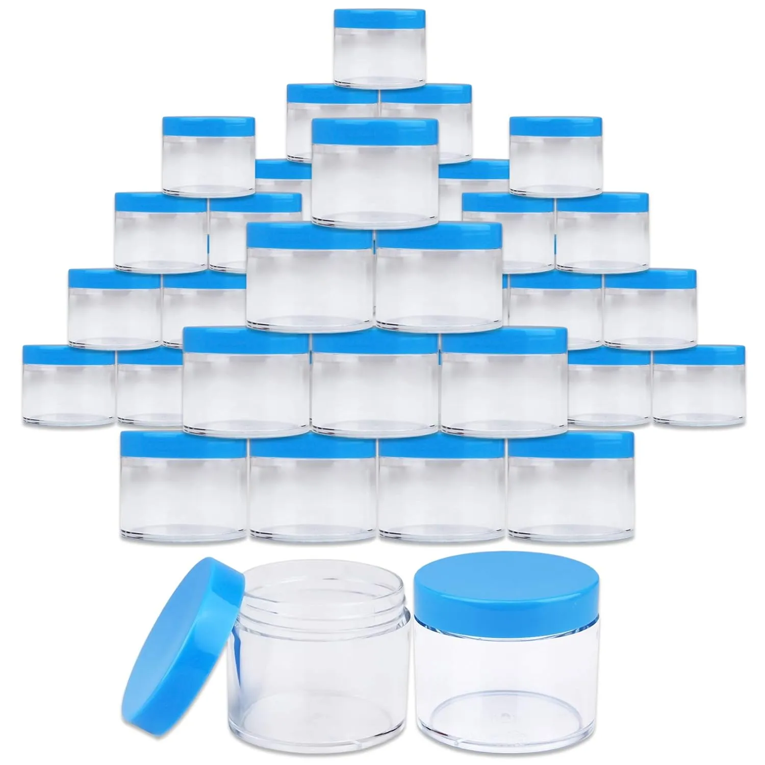 Beauticom® 2 oz./ 60 Grams/60 ML (Quantity: 384 Packs) Thick Wall Round Clear Plastic LEAK-PROOF Jars Container with BLUE Lids for Cosmetic, Lip Balm, Lip Gloss, Creams, Lotions, Liquid