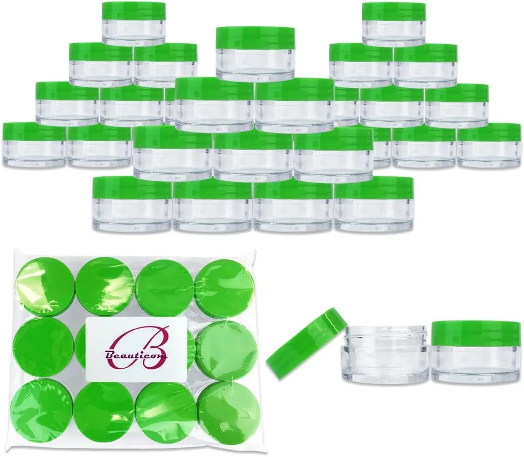 Beauticom 36 Pieces 20G/20ML Round Clear Jars with GREEN Lids for Lotion, Creams, Toners, Lip Balms, Cosmetic Makeup Samples - BPA Free