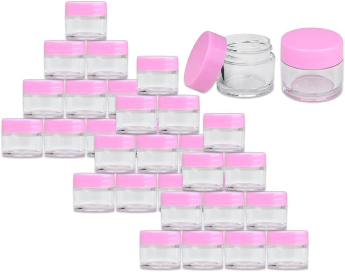 Beauticom® High-Graded Quality 7 Grams/7 ML (Quantity: 48 Packs) Thick Wall Clear Plastic LEAK-PROOF Jars Container with PINK Lids for Cosmetic, Lip Balm, Lip Gloss, Creams, Lotions, Liquids