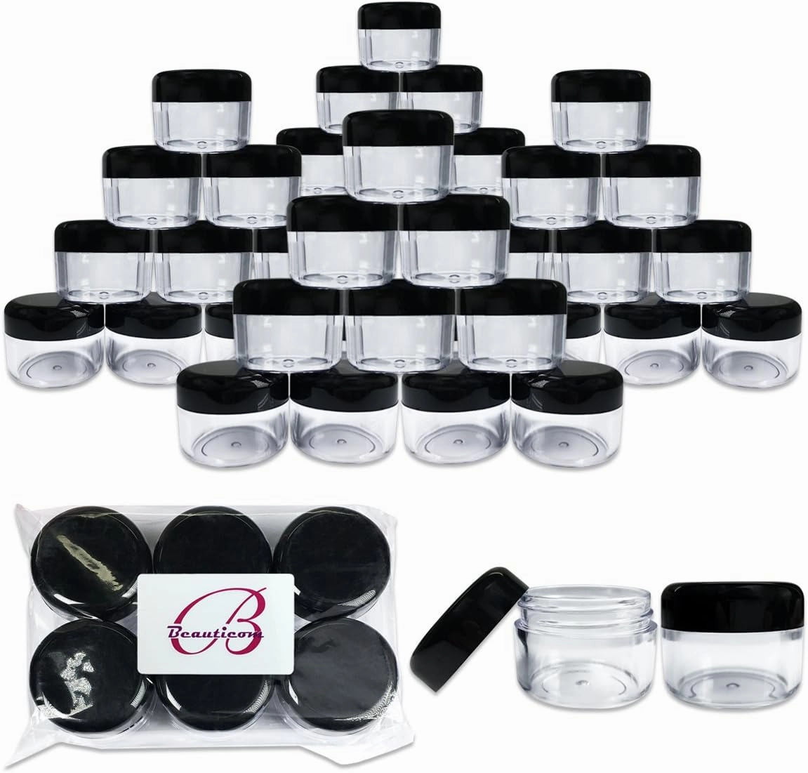 Beauticom 42 Pieces 30 Gram 30 ML (1 Ounce) Round Clear Jars with Black Screw Cap Lid for Lip Gloss, Lip Balm, Hand Butter, Beard Wax, Scrubs, Lotions - BPA Free