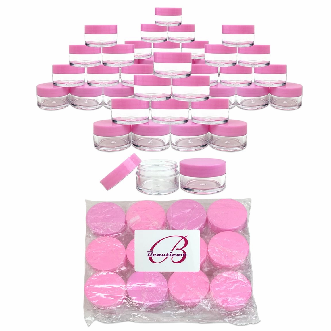 Beauticom 48 Pieces 20G/20ML Round Clear Jars with Pink Lids for Lotion, Creams, Toners, Lip Balms, Makeup Samples - BPA Free