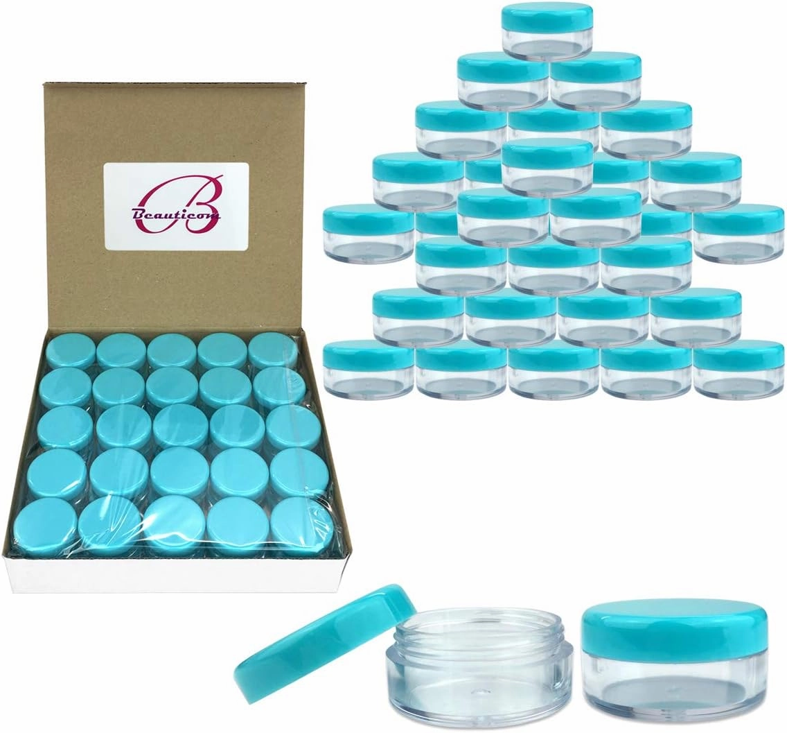Beauticom (Quantity: 150 Pieces) 5G/5ML Round Clear Jars with Teal Sky Blue Lids for Scrubs, Oils, Toner, Salves, Creams, Lotions, Makeup Samples, Lip Balms - BPA Free