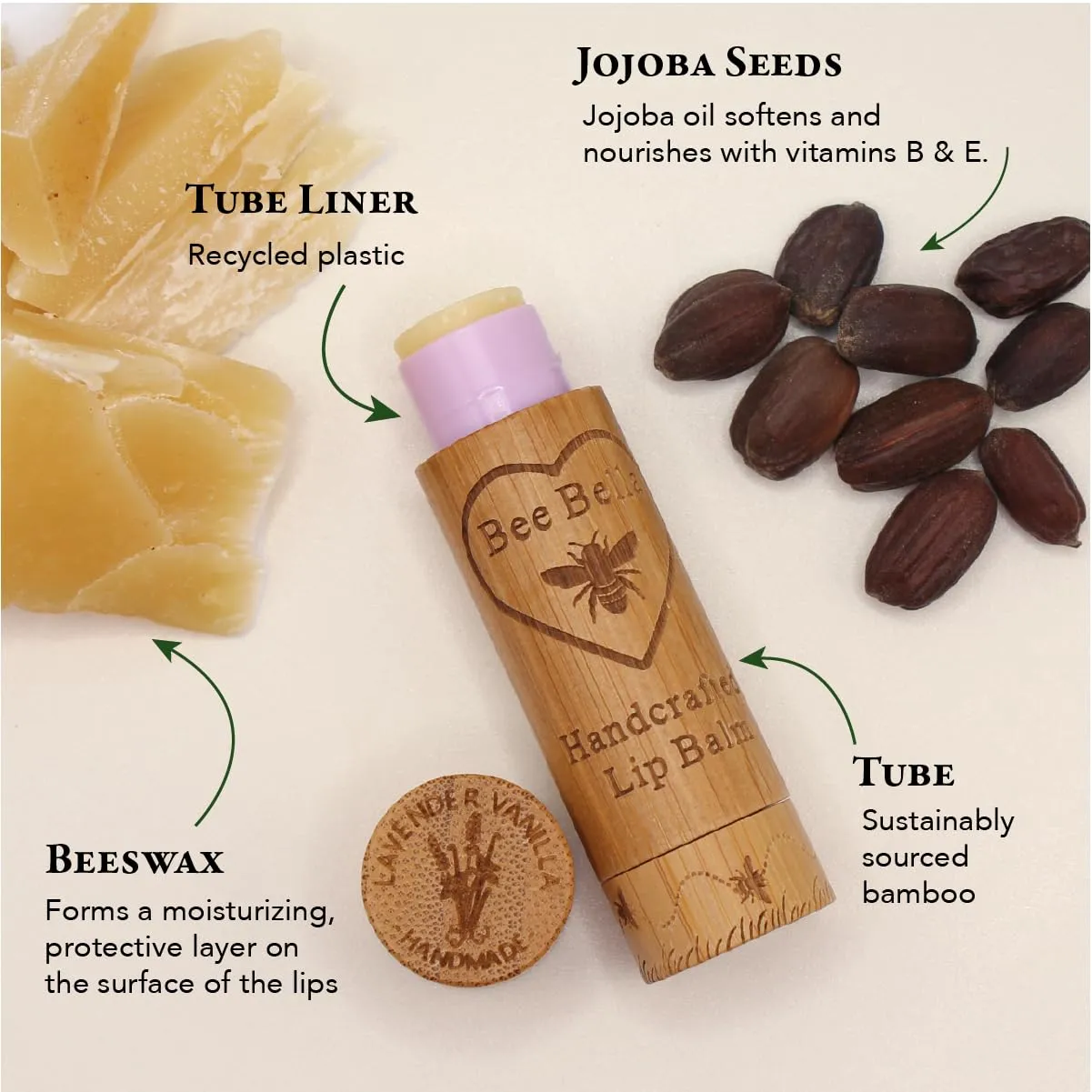Bee Bella Lip Balm, Lavender Vanilla, 3 Pack - Moisturizing Lip Care, 100% Natural, Original Organic Beeswax with Vitamin E, Handmade in USA, Gift