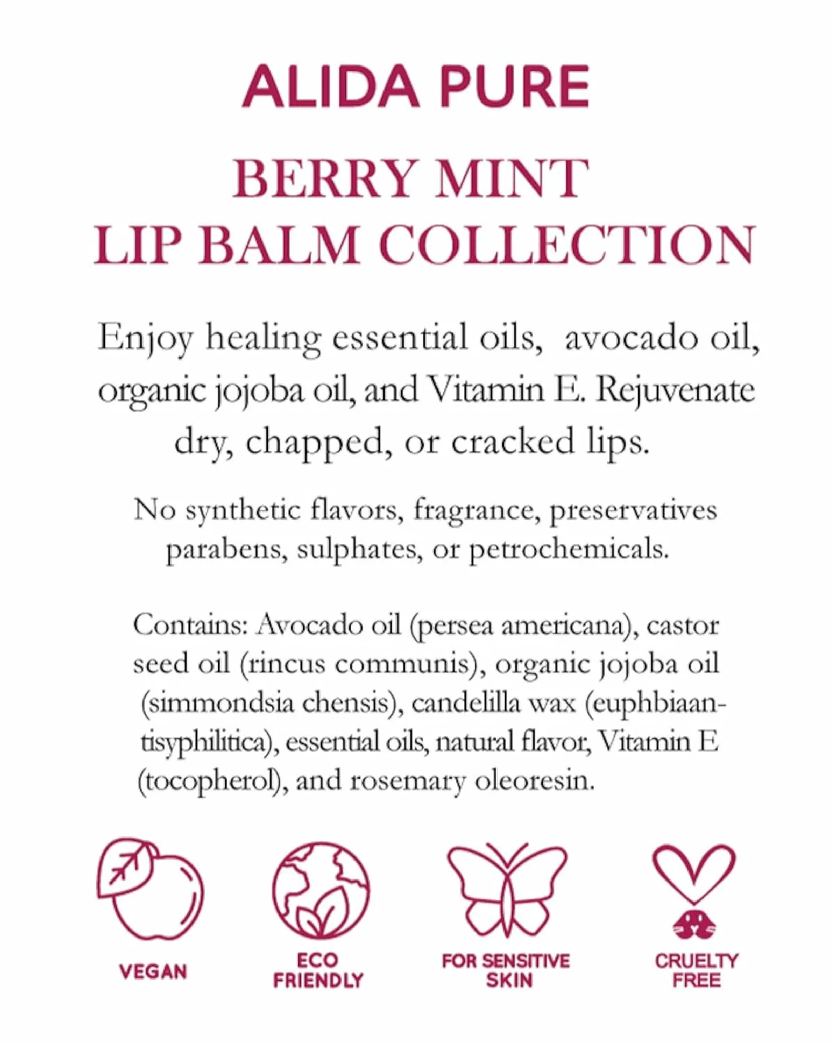 Berry Mint Lip Balm Collection, Vegan Set, Bees Wax Free, Coconut Oil Free, Avocado And, Organic Jojoba Oil, Vitamin E, Natural Moisturizer For Dry Cracked Lips, 3 Tube Set