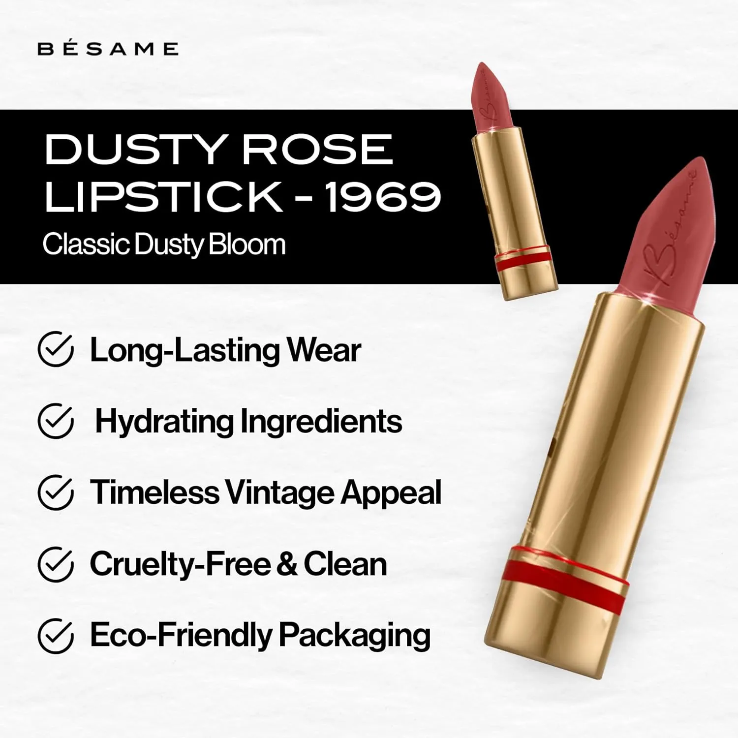 BESAME Dusty Rose Lipstick 1969, Cool Mauve Red Long-Lasting, Satin Finish Lip Color With Moisturizing Vitamin E, Universally Flattering Everyday Shade, Popular On Light-Medium Skin