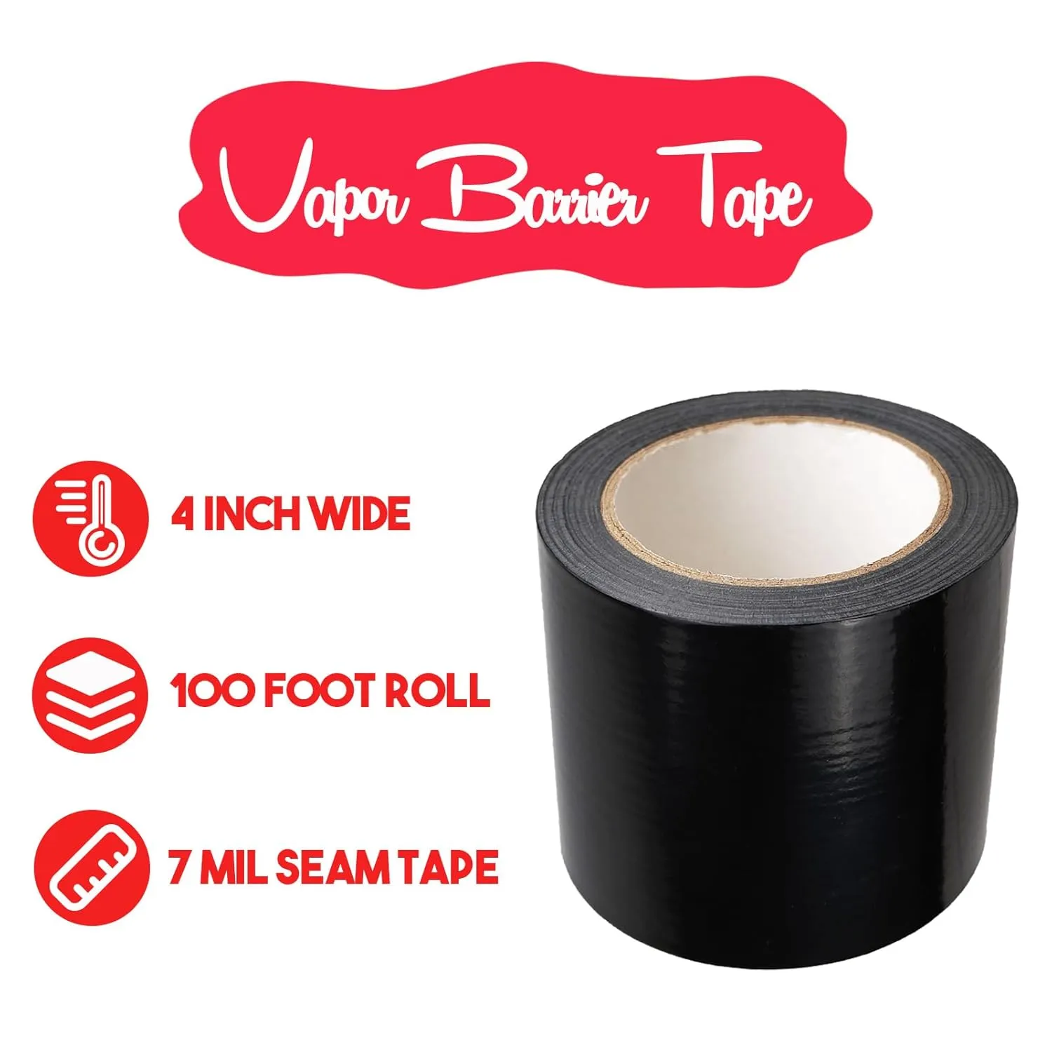 Black Seal Tape, 4" x 100' Vapor Barrier Tape Polyethylene Tape Sealing Moisture Barrier Seam, Black Vinyl Tape for Crawlspaces, Repair, Underlayment Seams, Metal Building Seams
