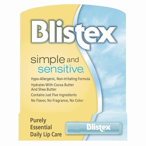 Blistex Simple and Sensitive Lip Moisturizer, Hypo-Allergenic with Cocoa & Shea Butter, No Flavor or Fragrance, 0.15 oz (Pack of 12)