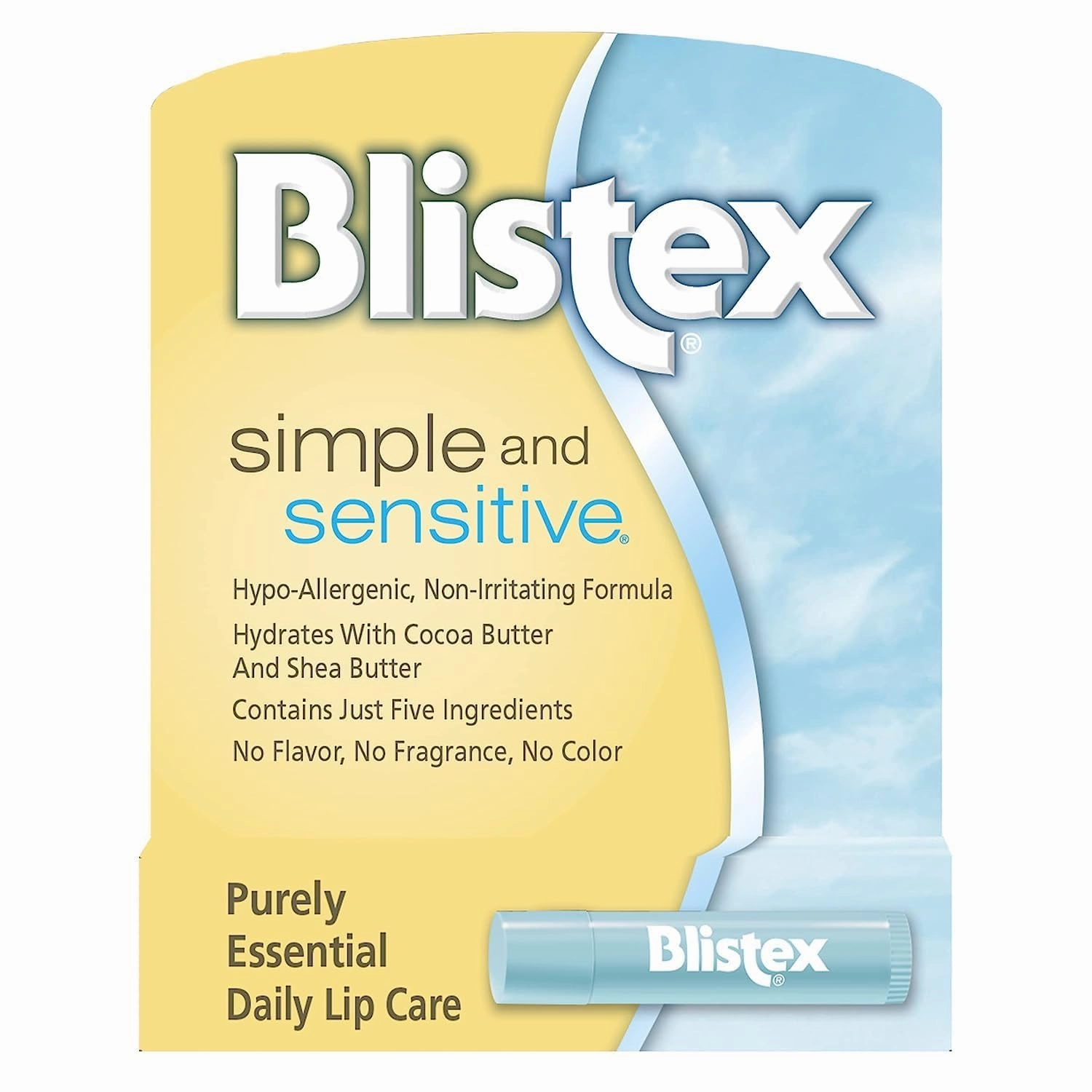 Blistex Simple and Sensitive Lip Moisturizer, Hypo-Allergenic with Cocoa & Shea Butter, No Flavor or Fragrance, 0.15 oz (Pack of 12)