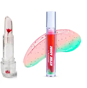Blossom Juicy Jelly Moisturizing Lip Care Fruit Flavored Nourishing Lip Oil   pH Technology Color Changing Strawberry Scented Crystal Lip Balm, 2 Pack Bundle, Watermelon/Red