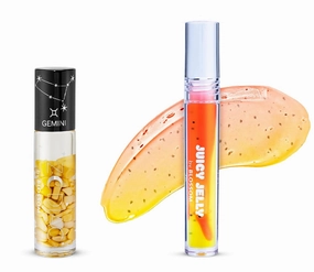 Blossom Juicy Jelly Moisturizing Lip Care Fruit Flavored Nourishing Lip Oil   Zodiac Sign Vanilla Scented Roll On Lip Gloss with Crystals, 2 Pack Bundle, Papaya/Gemini